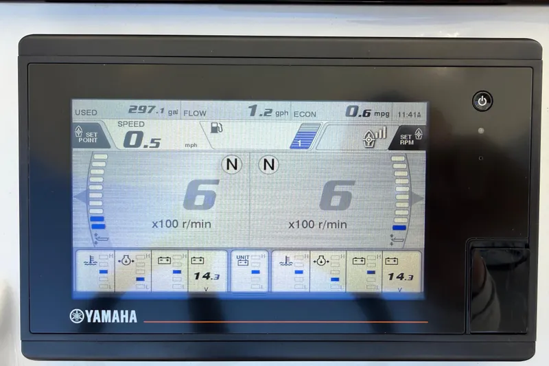 Slide: The Image of Yamaha display on 2020 Regulator 31 boat showing speed, fuel, and RPM data. - 12