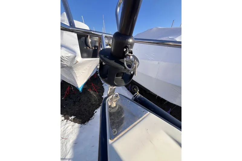 Slide: The Image of Close-up of 2007 Beneteau First 10R sailboat deck hardware in winter storage. - 37