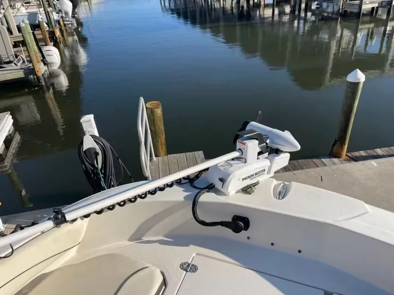 Slide: The Image of Stingray 206 CC boat with Minn Kota motor at dock, 2023 model. - 11