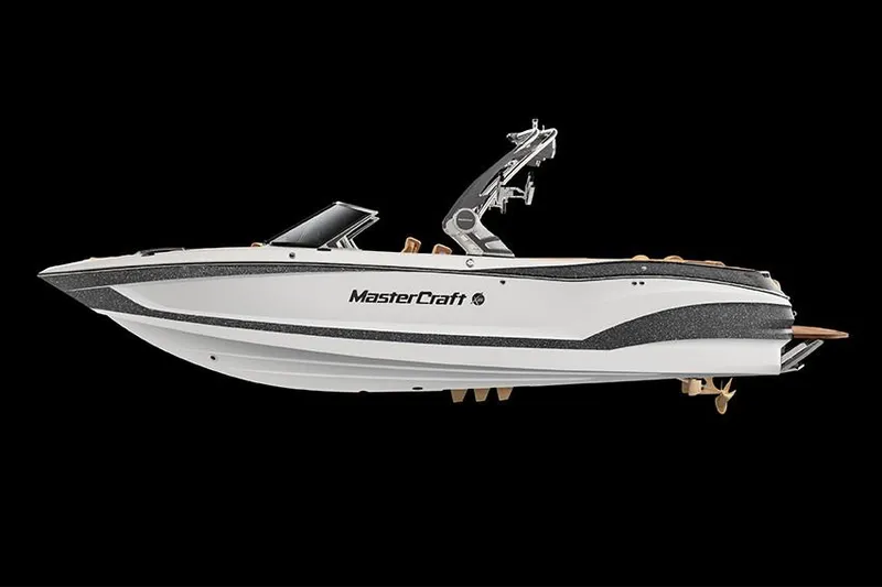 The Image of Manufacturer Provided Image: 2020 MasterCraft X26 boat, side view, white and black, on black background. - 0