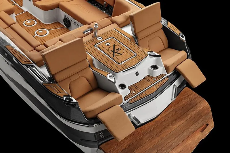 Slide: The Image of Manufacturer Provided Image: 2020 MasterCraft X26 boat interior with luxurious seating and teak flooring. - 11