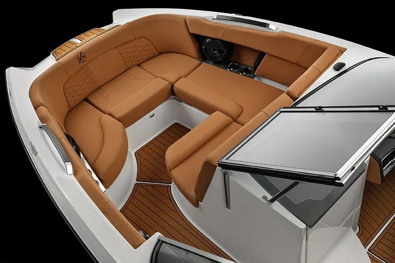 Slide: The Image of Manufacturer Provided Image: 2020 MasterCraft X26 boat interior with luxurious tan seating and teak flooring. - 4
