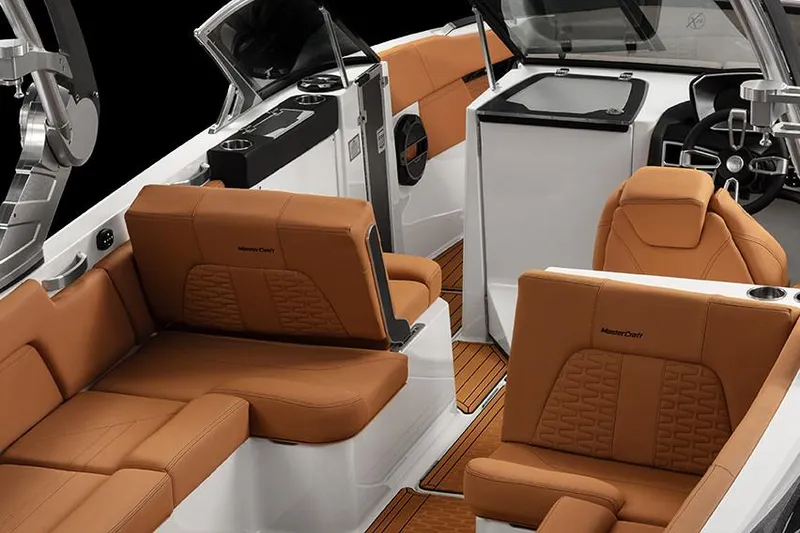 Slide: The Image of Manufacturer Provided Image: 2020 MasterCraft X26 boat interior with tan leather seats and modern design. - 7