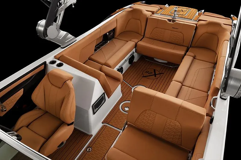 Slide: The Image of Manufacturer Provided Image: 2020 MasterCraft X26 boat interior with luxurious tan leather seating. - 8