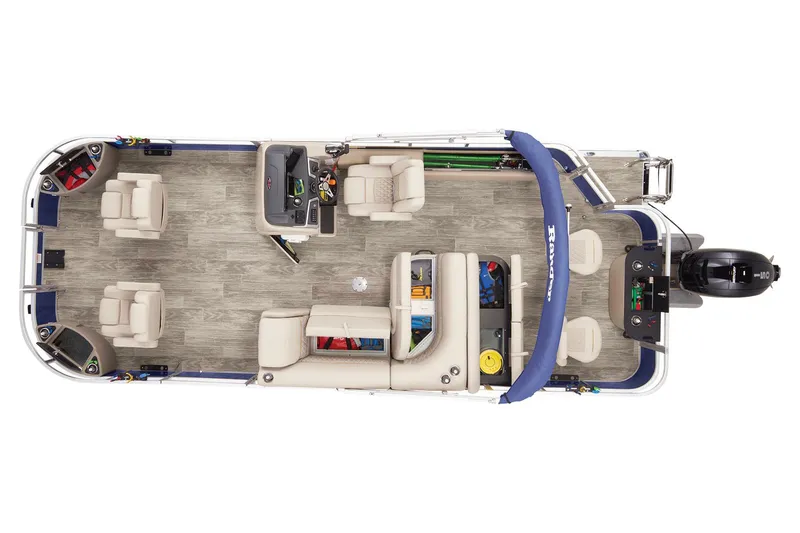 Slide: The Image of 2025 Ranger Reata 220F pontoon boat on trailer at dealership. - 11