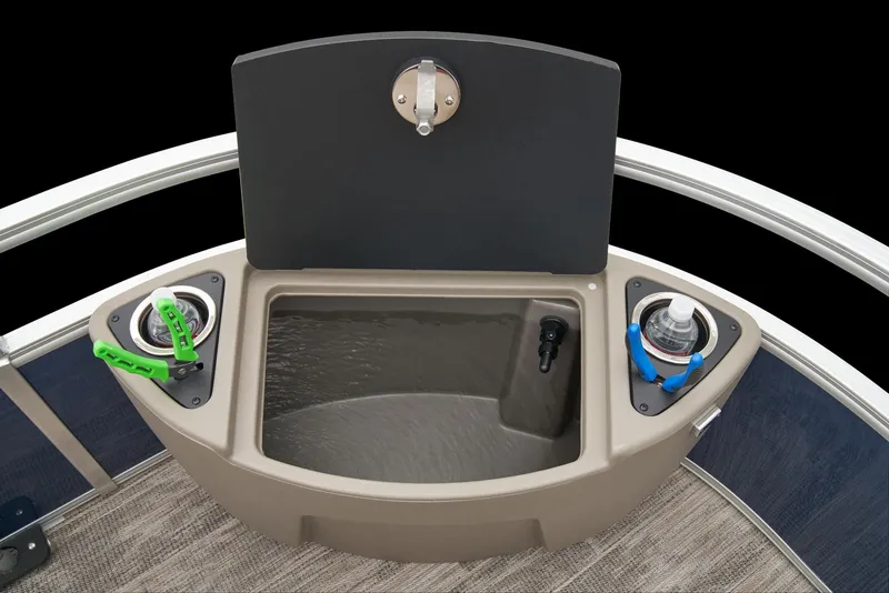 Slide: The Image of 2025 Ranger Reata 220F pontoon boat with Mercury engine and ladder on trailer. - 18