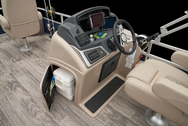Slide: The Image of 2025 Ranger Reata 220F boat storage compartment with cup holders and battery. - 27