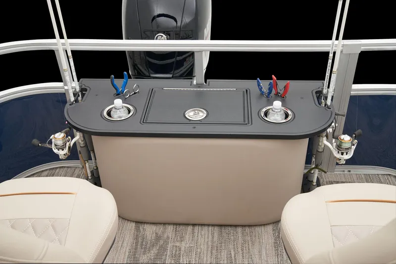 Slide: The Image of 2025 Ranger Reata 220F boat interior with two cushioned seats and a control panel. - 50