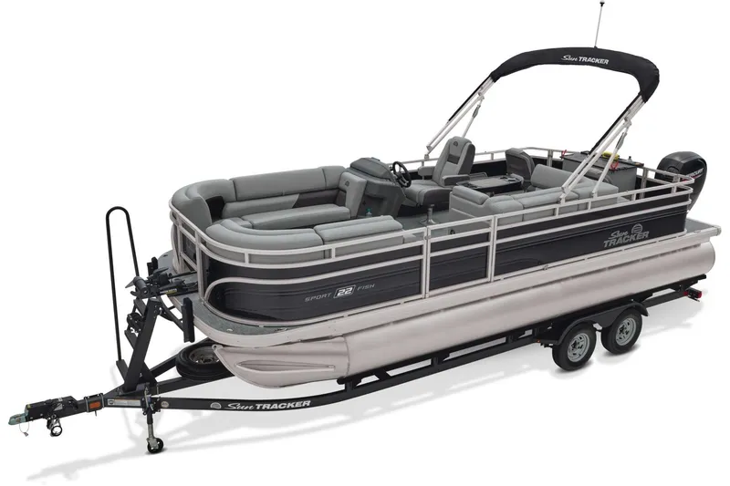 Slide: The Image of 2026 Sun Tracker SportFish 22 DLX pontoon boat interior with spacious seating and modern design. - 4