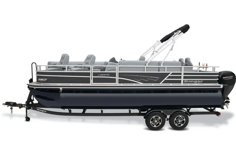 Slide: The Image of 2025 Ranger Reata 223FC pontoon boat with outboard motor, parked at dealership. - 7
