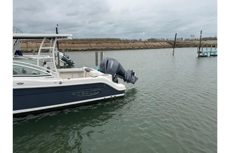 Slide: The Image of 2022 Robalo R247 Dual Console boat docked with Yamaha outboard motor. - 4