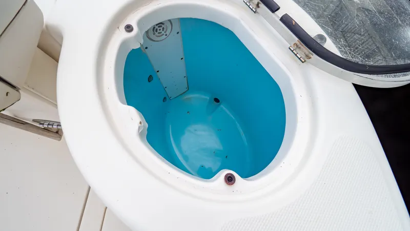 Slide: The Image of 2010 Robalo R305 Walkaround livewell with open lid, showing blue interior. - 21