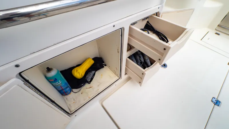 Slide: The Image of Storage compartments on a 2010 Robalo R305 Walkaround boat, featuring organized shelves and cleaning supplies. - 49