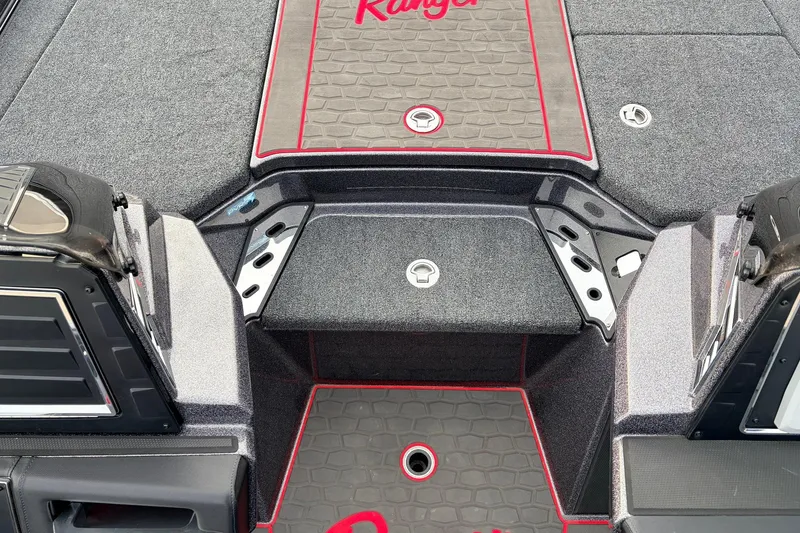 Slide: The Image of 2025 Ranger Z521R Cup-Equipped boat interior with gray and red accents. - 25