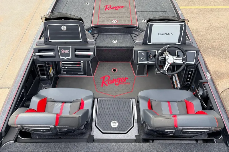 Slide: The Image of 2025 Ranger Z521R Cup-Equipped boat interior with Garmin display and dual seats. - 31