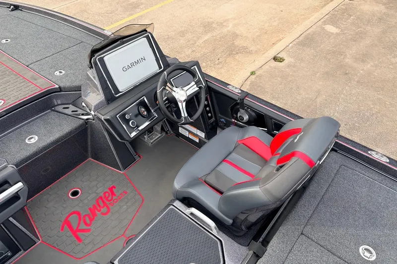 Slide: The Image of 2025 Ranger Z521R Cup-Equipped boat interior with Garmin display and stylish seating. - 33