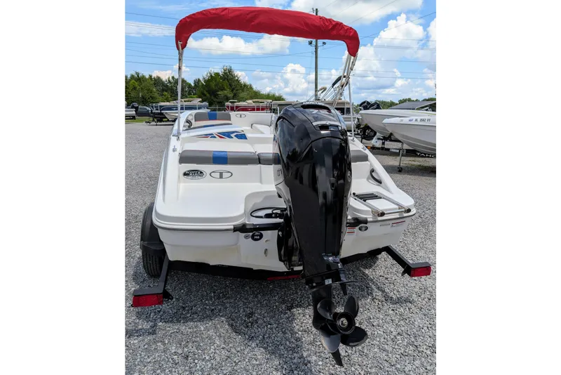 Slide: The Image of 2022 Tahoe T16 boat with red canopy and outboard motor on trailer. - 8