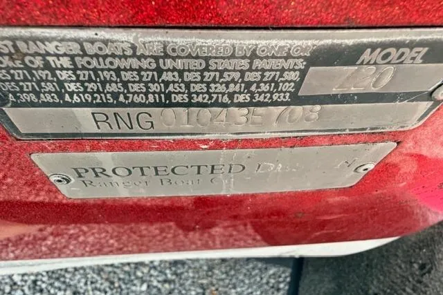 Slide: The Image of 2008 Ranger Z20 Comanche boat identification plate with patent details and serial number. - 4