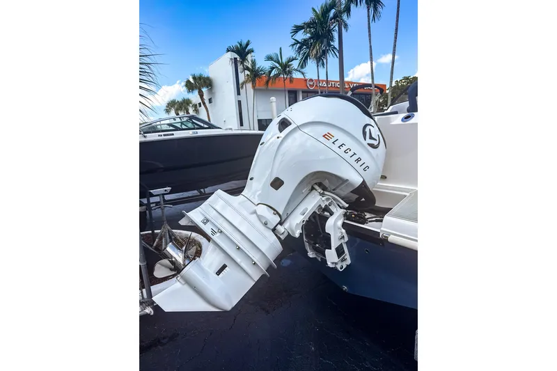 Slide: The Image of 2024 Aquasport AS DC 22 with electric outboard motor, palm trees in background. - 3