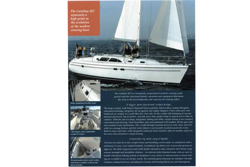 Slide: The Image of Catalina 387 sailboat cruising on water, showcasing modern design and spacious cockpit, 2006 model. - 55