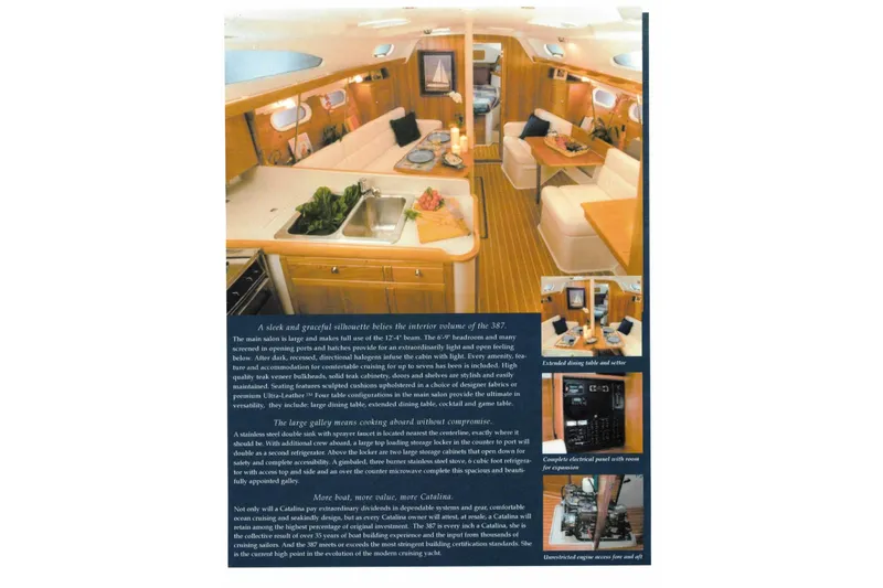 Slide: The Image of Interior view of 2006 Catalina 387 yacht showcasing spacious salon and kitchen area. - 56