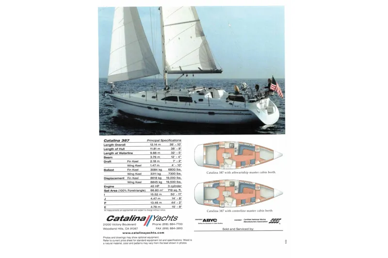 Slide: The Image of Sailing yacht Catalina 387, 2006 model, with detailed specifications and interior layout. - 58