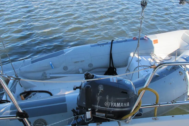 Slide: The Image of Beneteau Oceanis 361 sailboat with Yamaha motor and inflatable dinghy, 2000 model. - 15