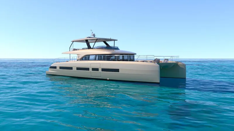 Slide: The Image of Luxury Lagoon 83 yacht on clear blue ocean, 2025 model. - 3