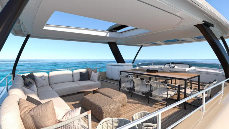 Slide: The Image of Luxurious Lagoon 83 yacht deck with modern seating, ocean view, and sleek design, 2025 model. - 7