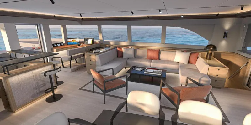 Slide: The Image of Luxurious interior of 2025 Lagoon 83 yacht with modern seating and ocean view. - 10
