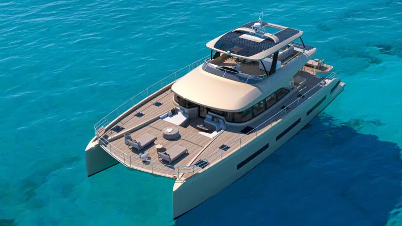 Slide: The Image of Luxurious 2025 Lagoon 83 yacht cruising on clear blue waters. - 4