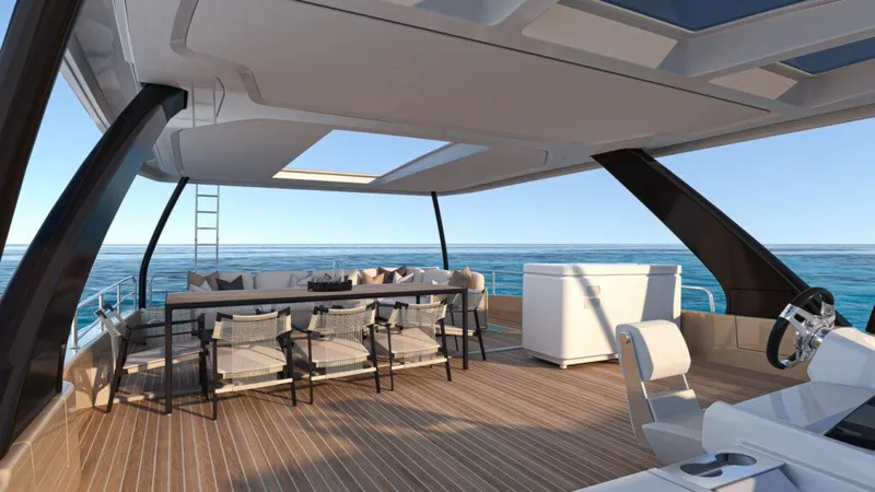 Slide: The Image of Luxurious Lagoon 83 yacht deck, 2025 model, featuring elegant seating and ocean views. - 8