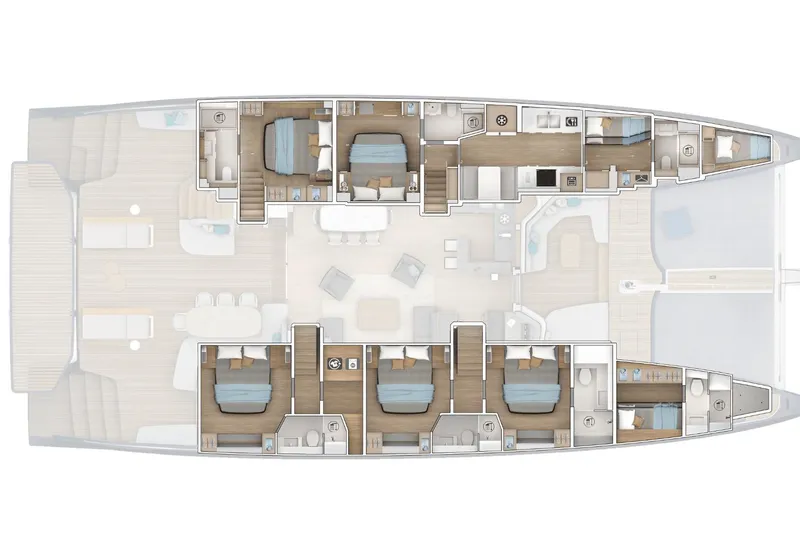 Slide: The Image of Floor plan of the 2026 Lagoon Eighty 2 yacht, featuring spacious cabins and living areas. - 65