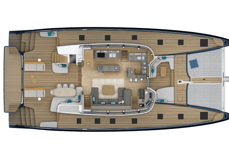 Slide: The Image of Top view of 2026 Lagoon Eighty 2 yacht interior layout, featuring spacious living and dining areas. - 68