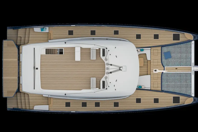 Slide: The Image of Top view of 2026 Lagoon Eighty 2 yacht deck layout, featuring spacious seating and modern design. - 69