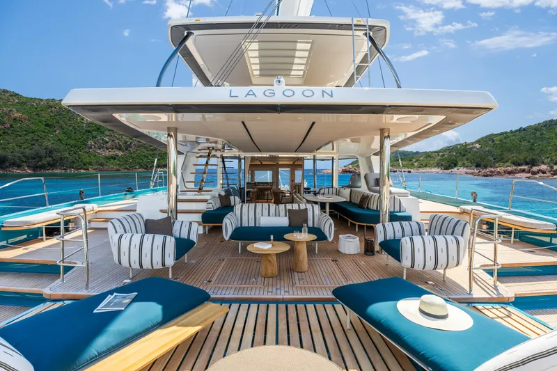 Slide: The Image of Luxurious 2025 Lagoon Eighty 2 yacht with elegant outdoor seating and scenic ocean view. - 7