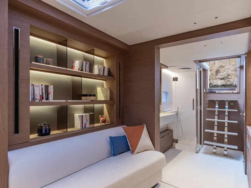 Slide: The Image of Luxurious interior of 2025 Lagoon SIXTY 7 yacht with modern design and cozy seating area. - 15