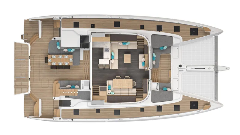 Slide: The Image of 2025 Lagoon 60 catamaran floor plan with spacious interior and outdoor seating areas. - 38