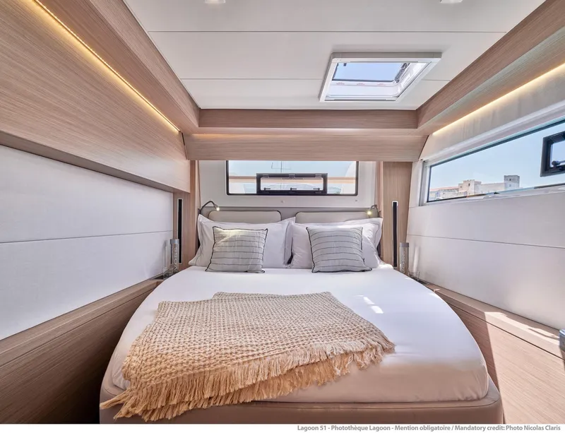 Slide: The Image of Luxurious bedroom interior of 2025 Lagoon 51 ICONIC yacht with modern design. - 40