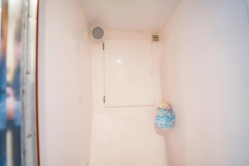 Slide: The Image of Compact shower space with a showerhead, vent, and storage cabinet, featuring a blue loofah. - 32