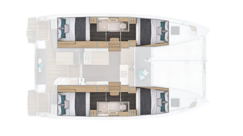 Slide: The Image of Floor plan of a 2025 Lagoon 38 catamaran, featuring four cabins and spacious living areas. - 86