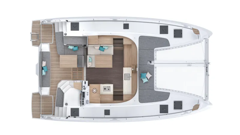 Slide: The Image of 2025 Lagoon 38 catamaran interior layout, featuring spacious seating and modern design elements. - 89