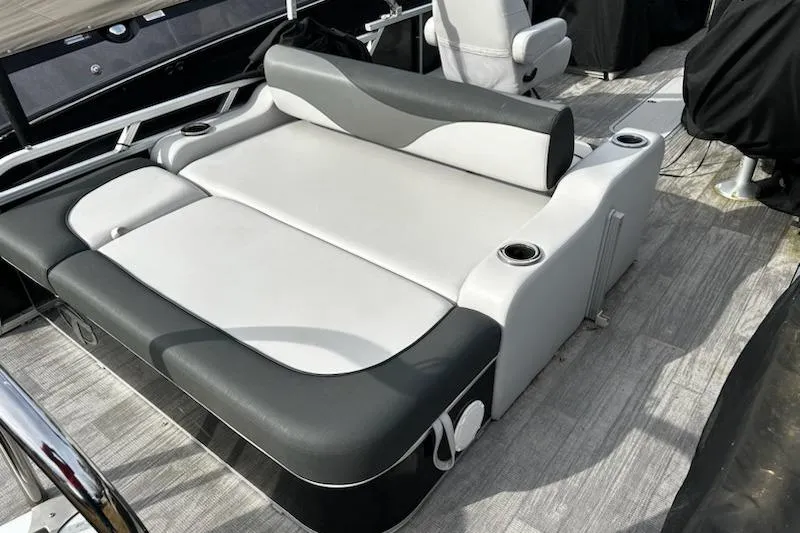 Slide: The Image of 2022 Tahoe Pontoon LTZ VRB/VRL boat interior with stylish seating and cup holders. - 3