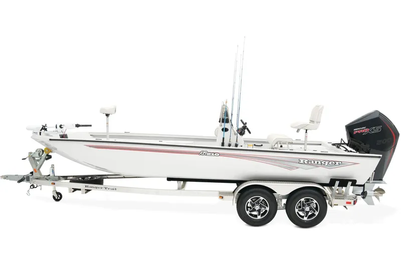 Slide: The Image of Manufacturer Provided Image: 2025 Ranger RB210 boat on trailer, side view, white with red accents. - 14