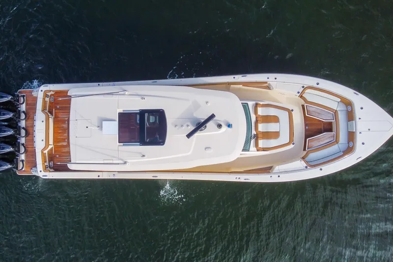 Slide: The Image of Aerial view of 2020 Scout 530 LXF luxury yacht on water. - 6