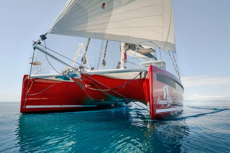 Slide: The Image of Red Privilege Signature 510 catamaran sailing on clear water, year 2025. - 3