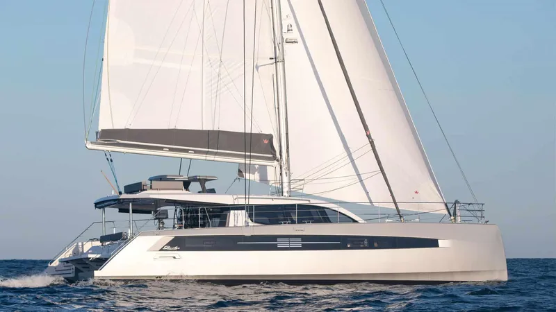 Slide: The Image of Luxury Privilege Signature 580 catamaran sailing on open sea, 2025 model. - 2