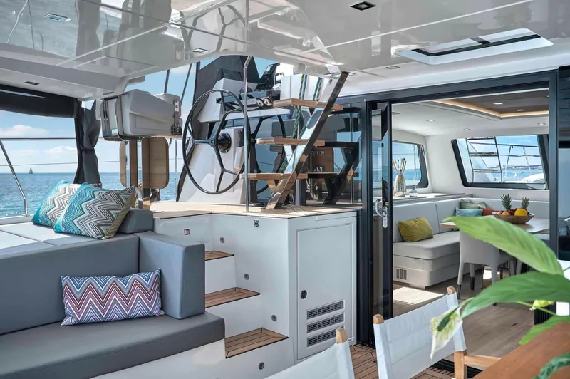 Slide: The Image of Luxurious interior of 2025 Privilege Signature 580 yacht with modern seating and ocean view. - 25