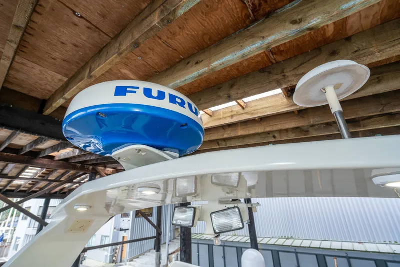 Slide: The Image of Radar equipment on 1973 American Marine Alaskan 53 boat under wooden roof. - 69