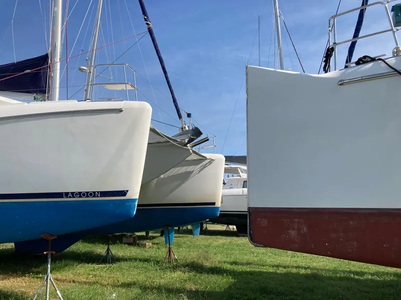 Slide: The Image of 2007 Lagoon 420 catamaran on a boatyard. - 7